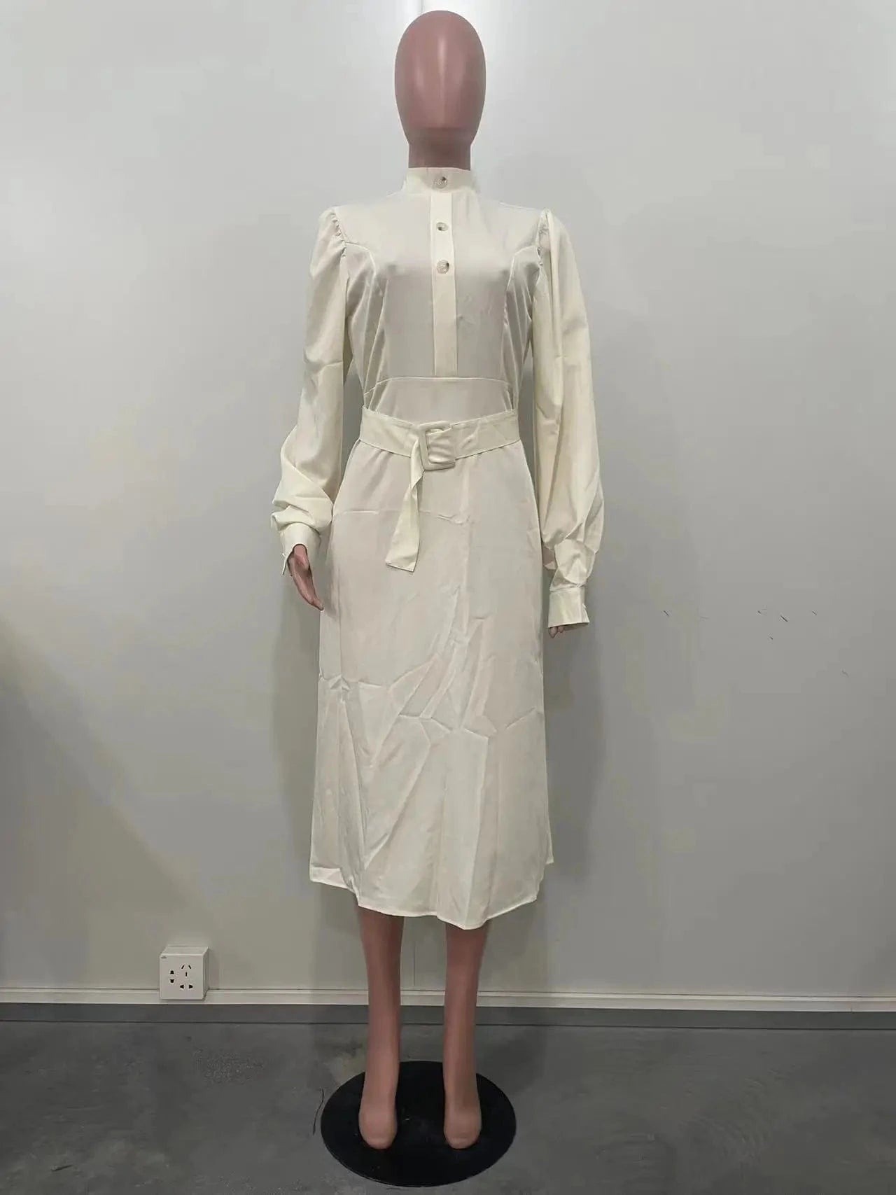 ZHEZHE New Arrivals 2024 White Long Sleeve Shirt Collar With Waist Belt Mid Length Slim Fit Elegant Casual Dresses For Women