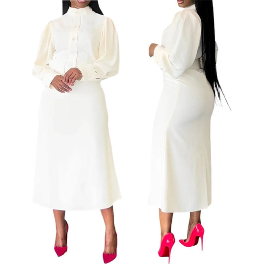 ZHEZHE New Arrivals 2024 White Long Sleeve Shirt Collar With Waist Belt Mid Length Slim Fit Elegant Casual Dresses For Women