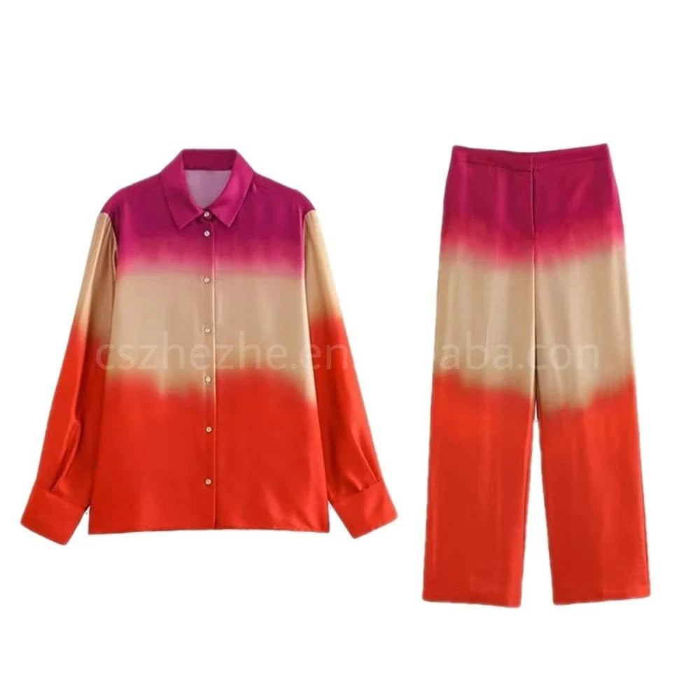 ZHEZHE New Fashion 2024 Women Casual Outfit Trend 2 Piece Sets Women Pants Autumn Elegant Shirt And Wide Leg Pants Set Women