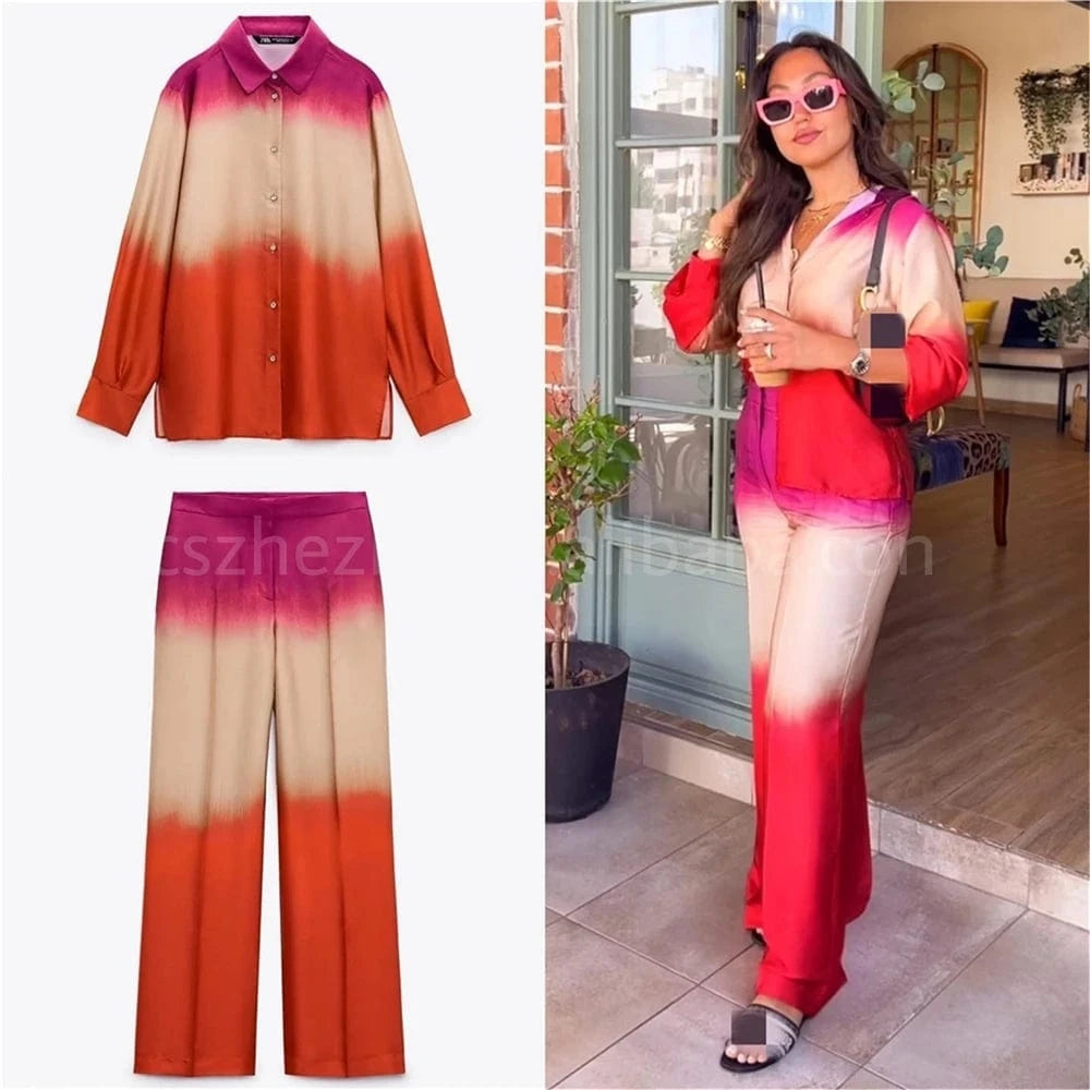 ZHEZHE New Fashion 2024 Women Casual Outfit Trend 2 Piece Sets Women Pants Autumn Elegant Shirt And Wide Leg Pants Set Women