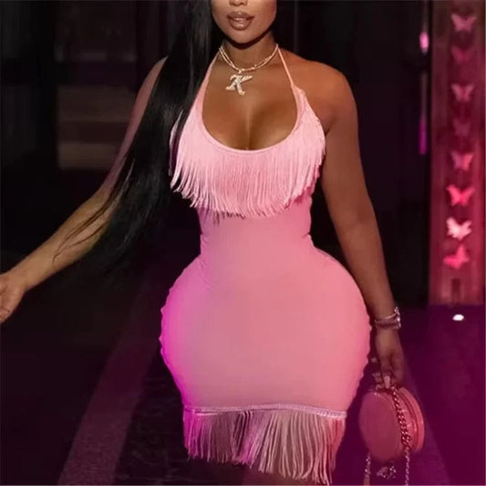 ZHEZHE Sexy Halter Backless Tassel Bodycon Mini Dress Women Sleeveless Night Club Outfits 2024 Summer Fairy Grunge Party  Dress