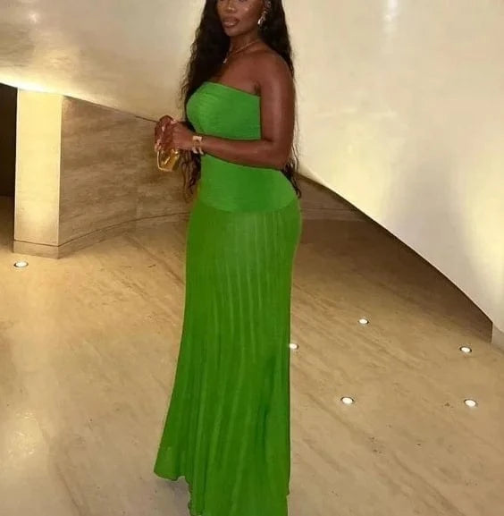 ZHEZHE Summer 2024 Tube Top Strapless Pleated Long Skirt Dress Solid Shinny Casual Maxi Dresses