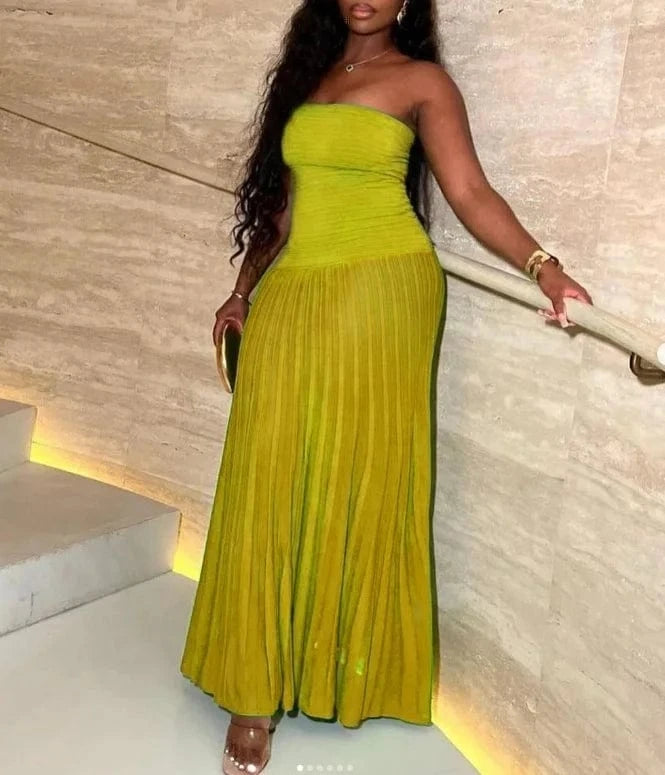 ZHEZHE Summer 2024 Tube Top Strapless Pleated Long Skirt Dress Solid Shinny Casual Maxi Dresses