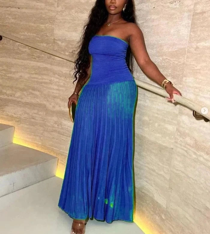 ZHEZHE Summer 2024 Tube Top Strapless Pleated Long Skirt Dress Solid Shinny Casual Maxi Dresses