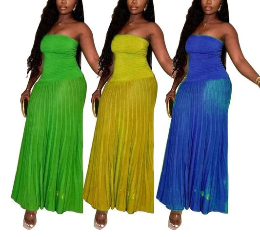 ZHEZHE Summer 2024 Tube Top Strapless Pleated Long Skirt Dress Solid Shinny Casual Maxi Dresses