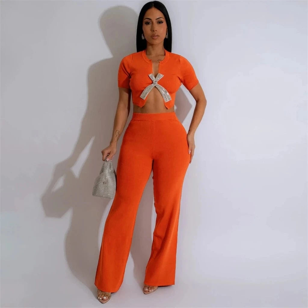 ZHEZHE Trends Fall Fashion Women Clothes Vendor Ladies Street Wear Short Sleeve Bow Rhinestone T Shirt and Pant 2 Piece Set