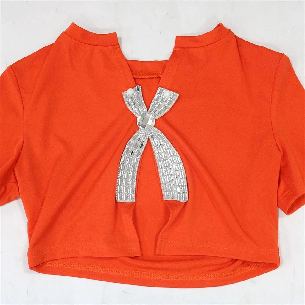 ZHEZHE Trends Fall Fashion Women Clothes Vendor Ladies Street Wear Short Sleeve Bow Rhinestone T Shirt and Pant 2 Piece Set
