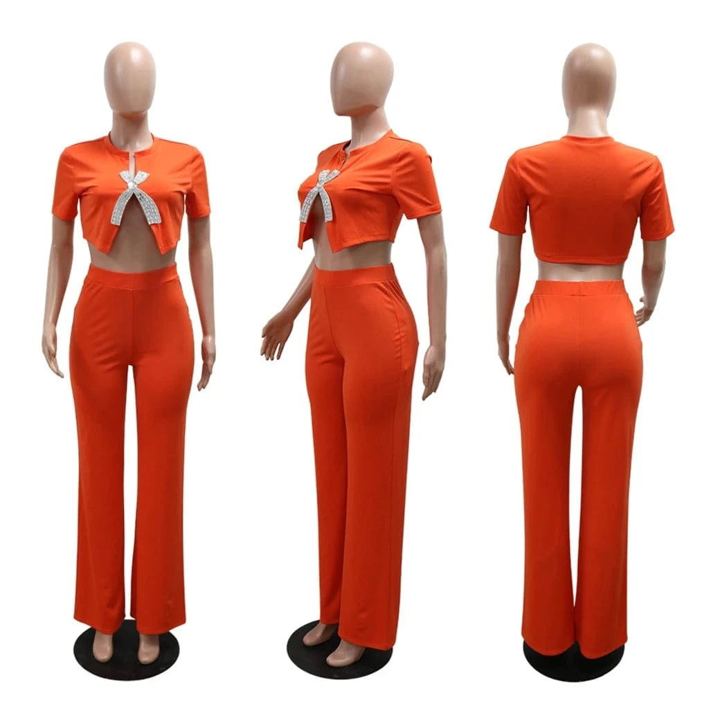 ZHEZHE Trends Fall Fashion Women Clothes Vendor Ladies Street Wear Short Sleeve Bow Rhinestone T Shirt and Pant 2 Piece Set