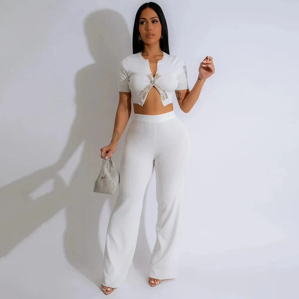 ZHEZHE Trends Fall Fashion Women Clothes Vendor Ladies Street Wear Short Sleeve Bow Rhinestone T Shirt and Pant 2 Piece Set
