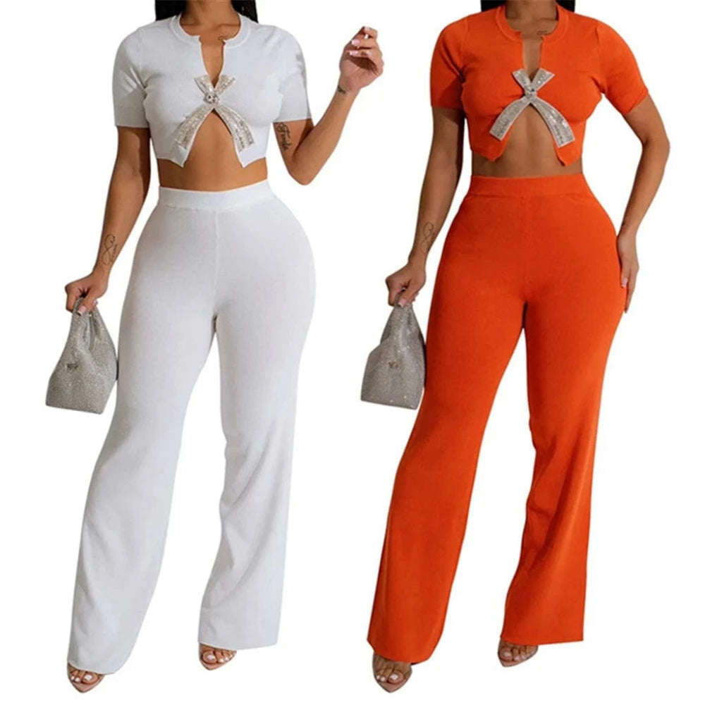 ZHEZHE Trends Fall Fashion Women Clothes Vendor Ladies Street Wear Short Sleeve Bow Rhinestone T Shirt and Pant 2 Piece Set