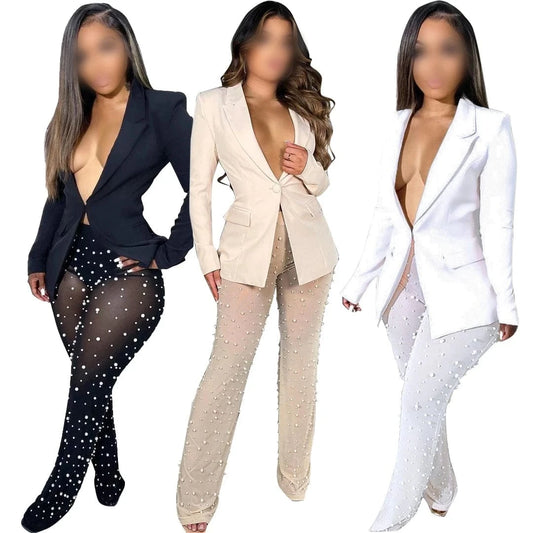 ZHEZHE Wholesale Women Clothing 2024 Fashion Blazer And Beaded Mesh Pants Suit Two Piece Outfits Set