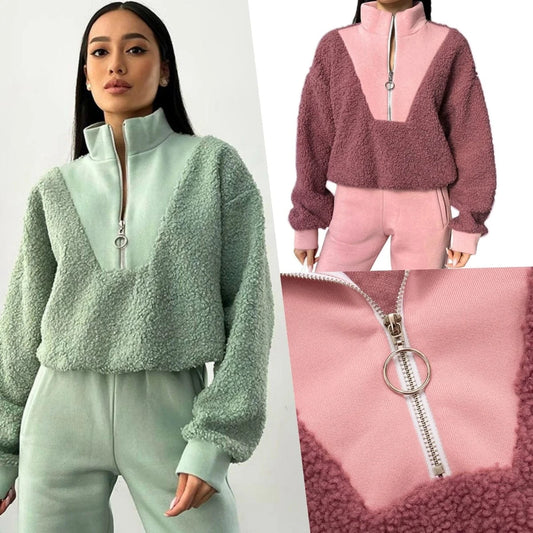 ZHEZHE Winter 2024 New Patchwork Lambwool Stand Collar Long Sleeve Hoodie Top Loose Zipper Casual Top For Women Lady