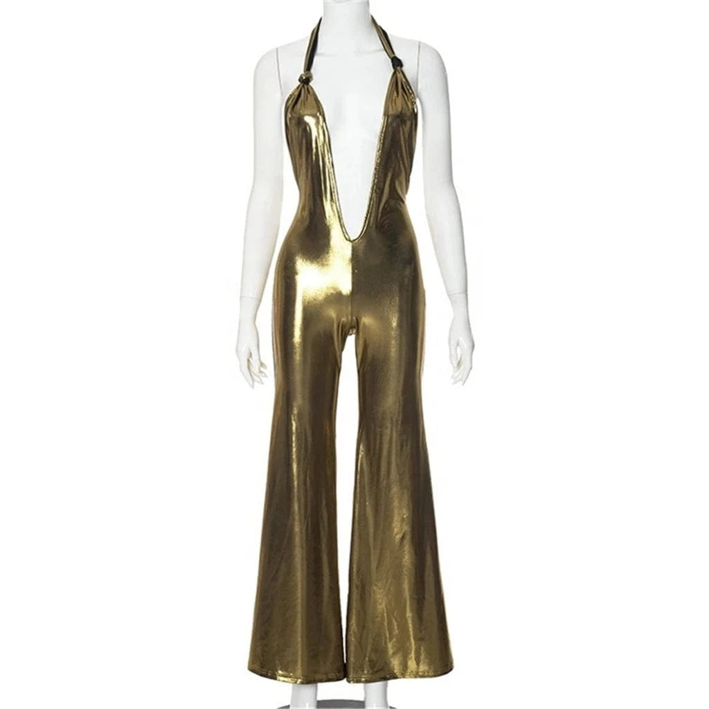 ZHEZHE Women's 2024 Summer Temperament Backless Halter Gold Jumpsuit Elegant Sexy Party Club Outfit