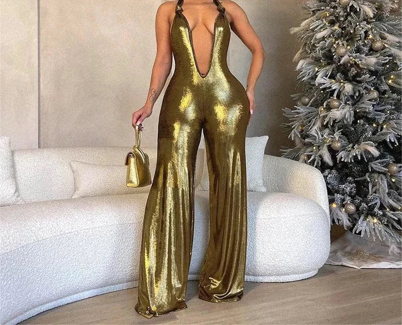 ZHEZHE Women's 2024 Summer Temperament Backless Halter Gold Jumpsuit Elegant Sexy Party Club Outfit