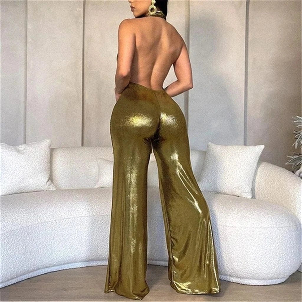 ZHEZHE Women's 2024 Summer Temperament Backless Halter Gold Jumpsuit Elegant Sexy Party Club Outfit