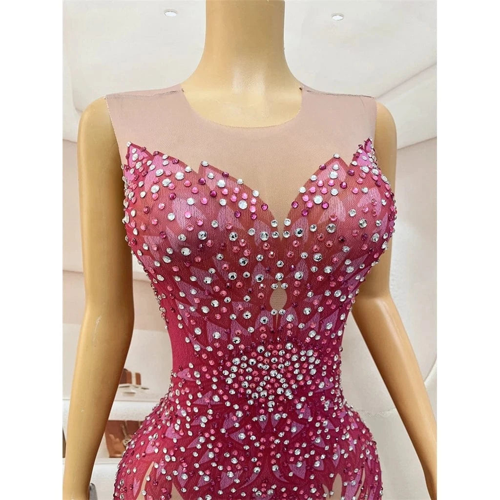 ZHEZHE Y3449Lady 2024 Elegant Luxury Sequin Sheer Fabric Flower Corset Dress Elegant Hot Pink Dress Sleeveless  Club Dress Long