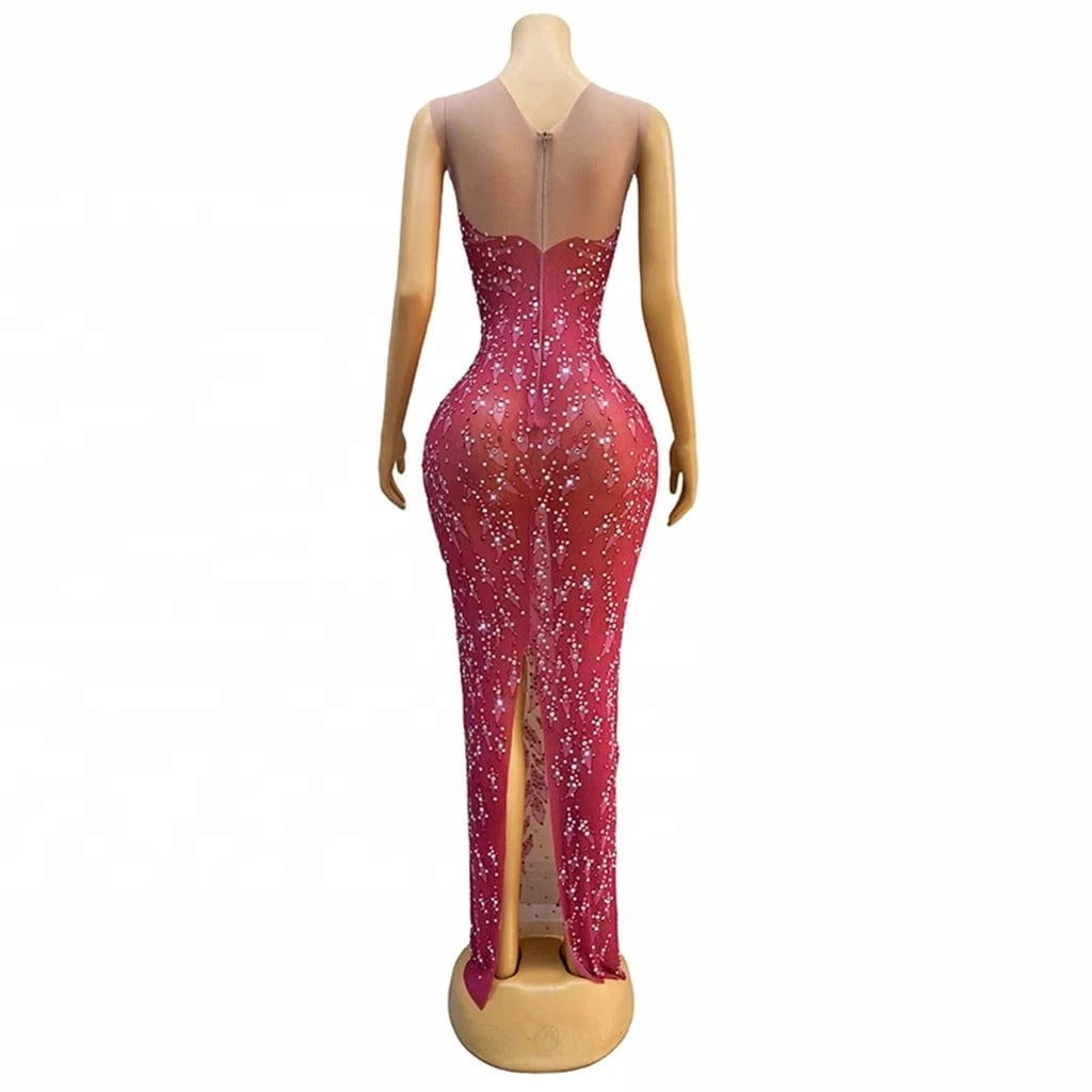 ZHEZHE Y3449Lady 2024 Elegant Luxury Sequin Sheer Fabric Flower Corset Dress Elegant Hot Pink Dress Sleeveless  Club Dress Long