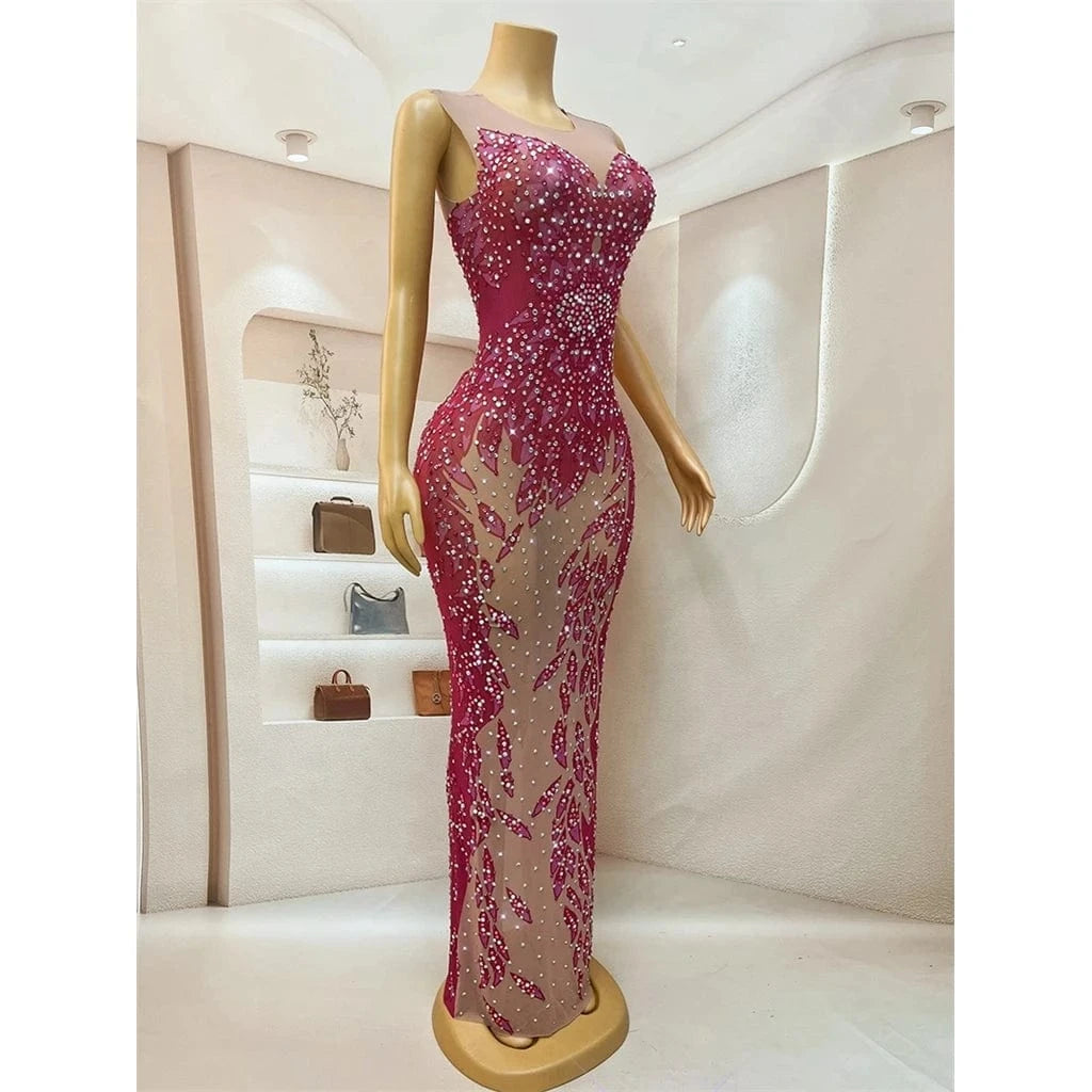 ZHEZHE Y3449Lady 2024 Elegant Luxury Sequin Sheer Fabric Flower Corset Dress Elegant Hot Pink Dress Sleeveless  Club Dress Long