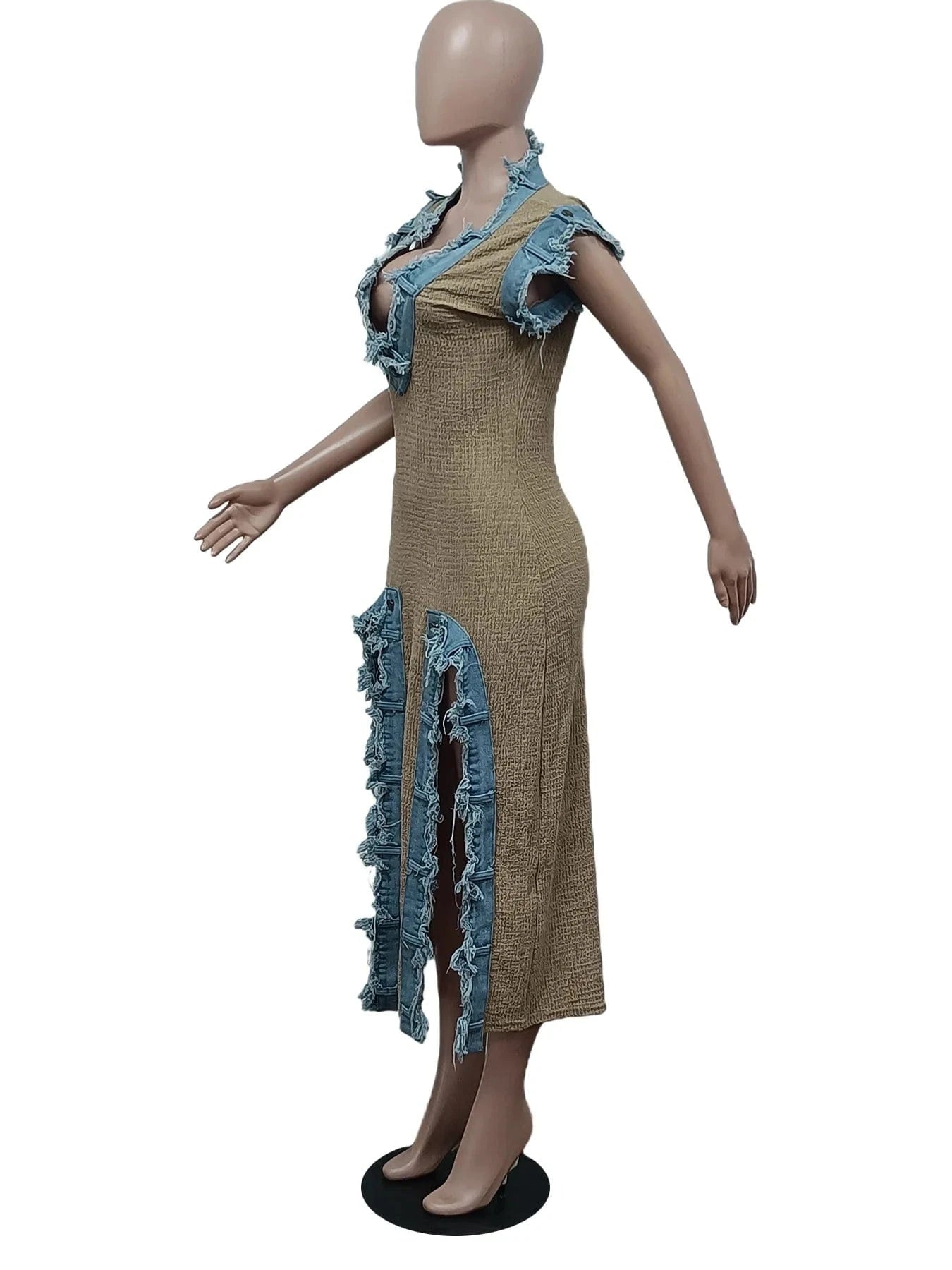 ZHEZHHE Fashion Trending 2024 Short Sleeve Denim Splicing Deep V Neck Maxi Split High Street Casual Dresses s-2xl