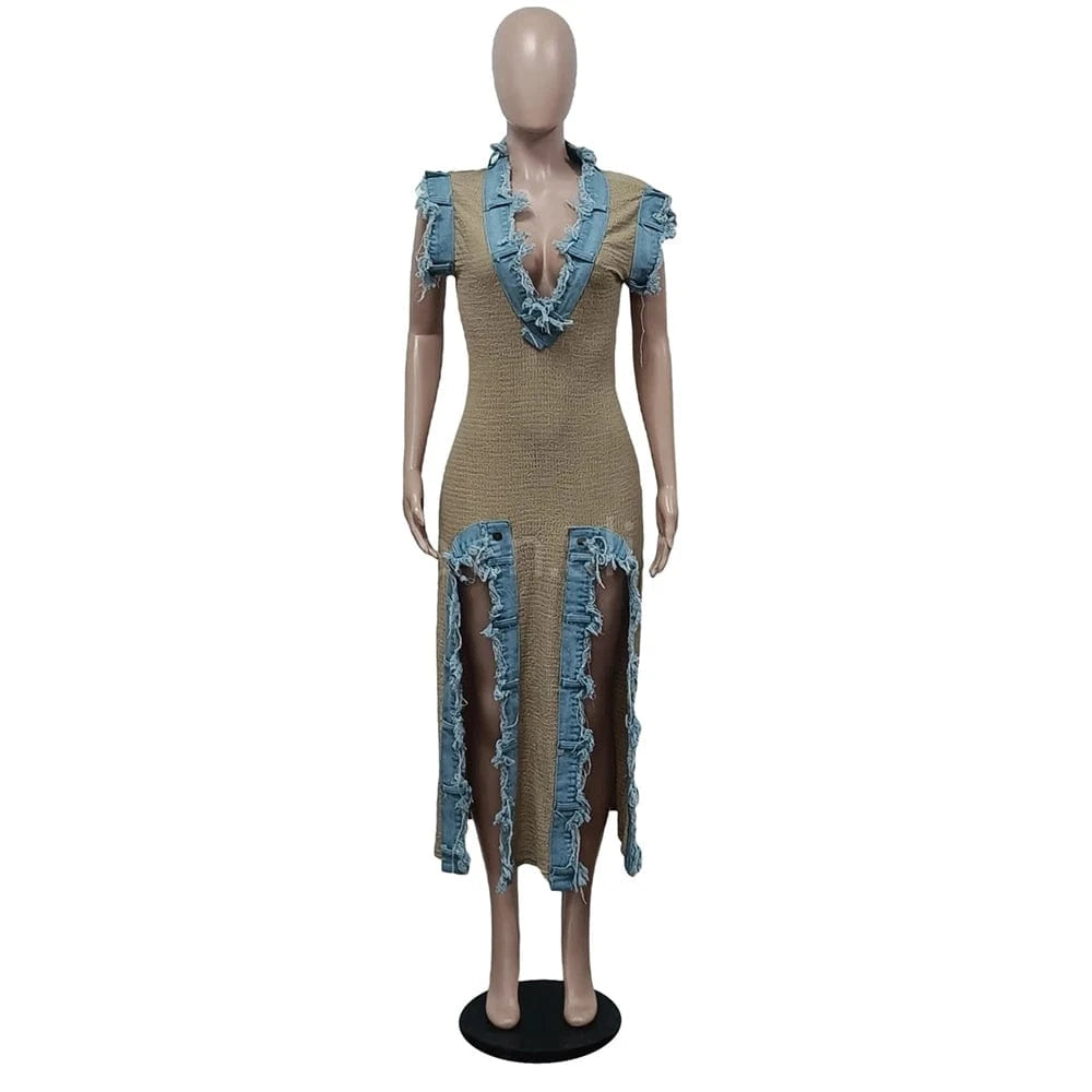ZHEZHHE Fashion Trending 2024 Short Sleeve Denim Splicing Deep V Neck Maxi Split High Street Casual Dresses s-2xl