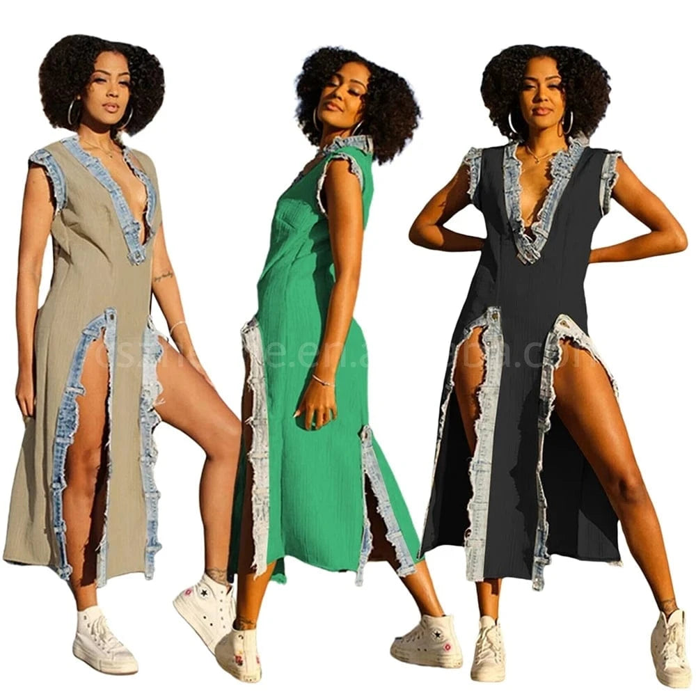 ZHEZHHE Fashion Trending 2024 Short Sleeve Denim Splicing Deep V Neck Maxi Split High Street Casual Dresses s-2xl