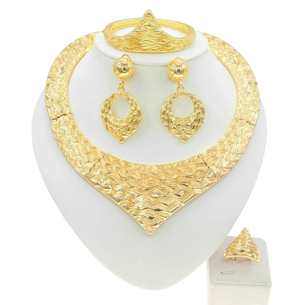 Zhuerrui American Pop Design & Party Italian Choke Necklace Gold Plated Jewelry Set Pendant Earrings Wedding Jewelry Sets H00124