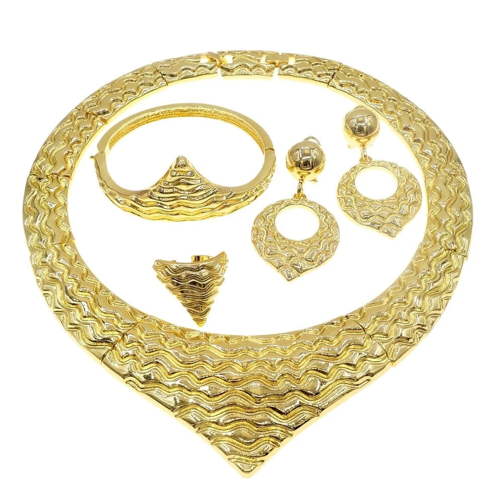 Zhuerrui American Pop Design & Party Italian Choke Necklace Gold Plated Jewelry Set Pendant Earrings Wedding Jewelry Sets H00124