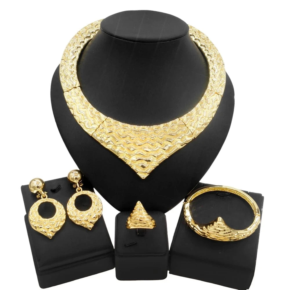 Zhuerrui American Pop Design & Party Italian Choke Necklace Gold Plated Jewelry Set Pendant Earrings Wedding Jewelry Sets H00124