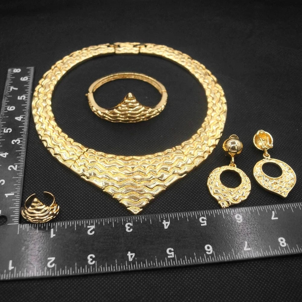 Zhuerrui American Pop Design & Party Italian Choke Necklace Gold Plated Jewelry Set Pendant Earrings Wedding Jewelry Sets H00124