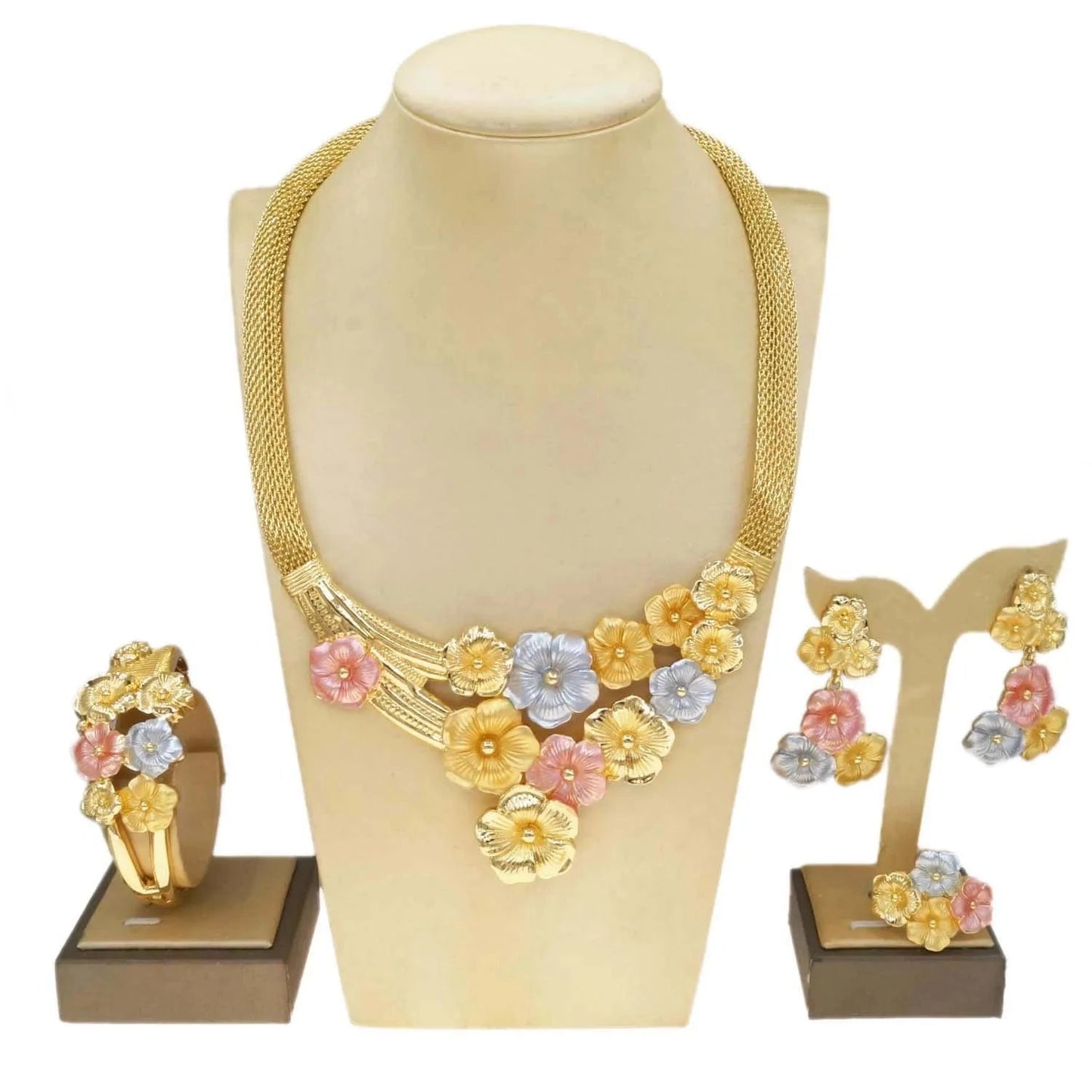 Zhuerrui Favors Multi Color Flowers Jewelry Set Customized Bridal Costume Accessories Wholesale Luxury Gold Jewelry Sets H00737