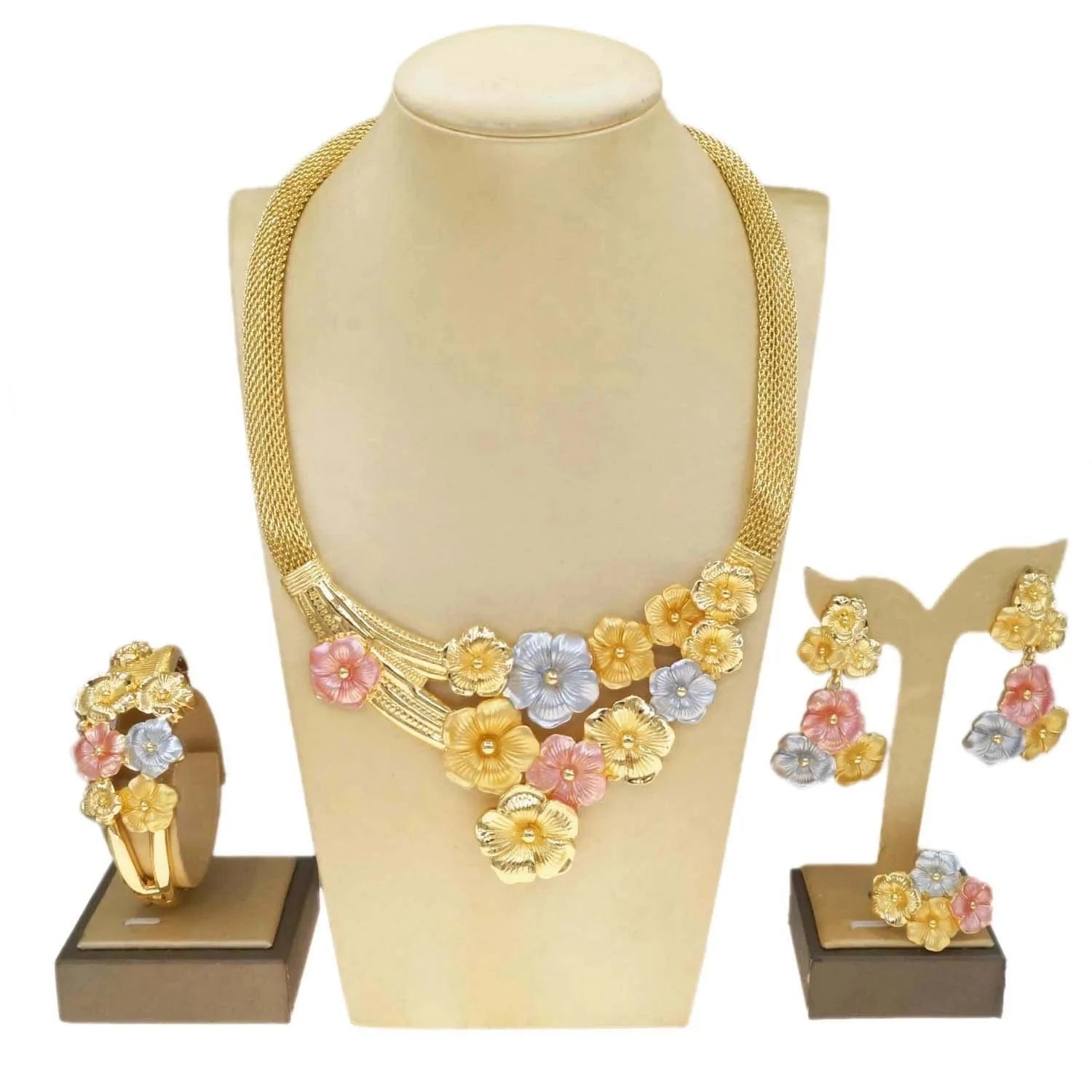 Zhuerrui Favors Multi Color Flowers Jewelry Set Customized Bridal Costume Accessories Wholesale Luxury Gold Jewelry Sets H00737