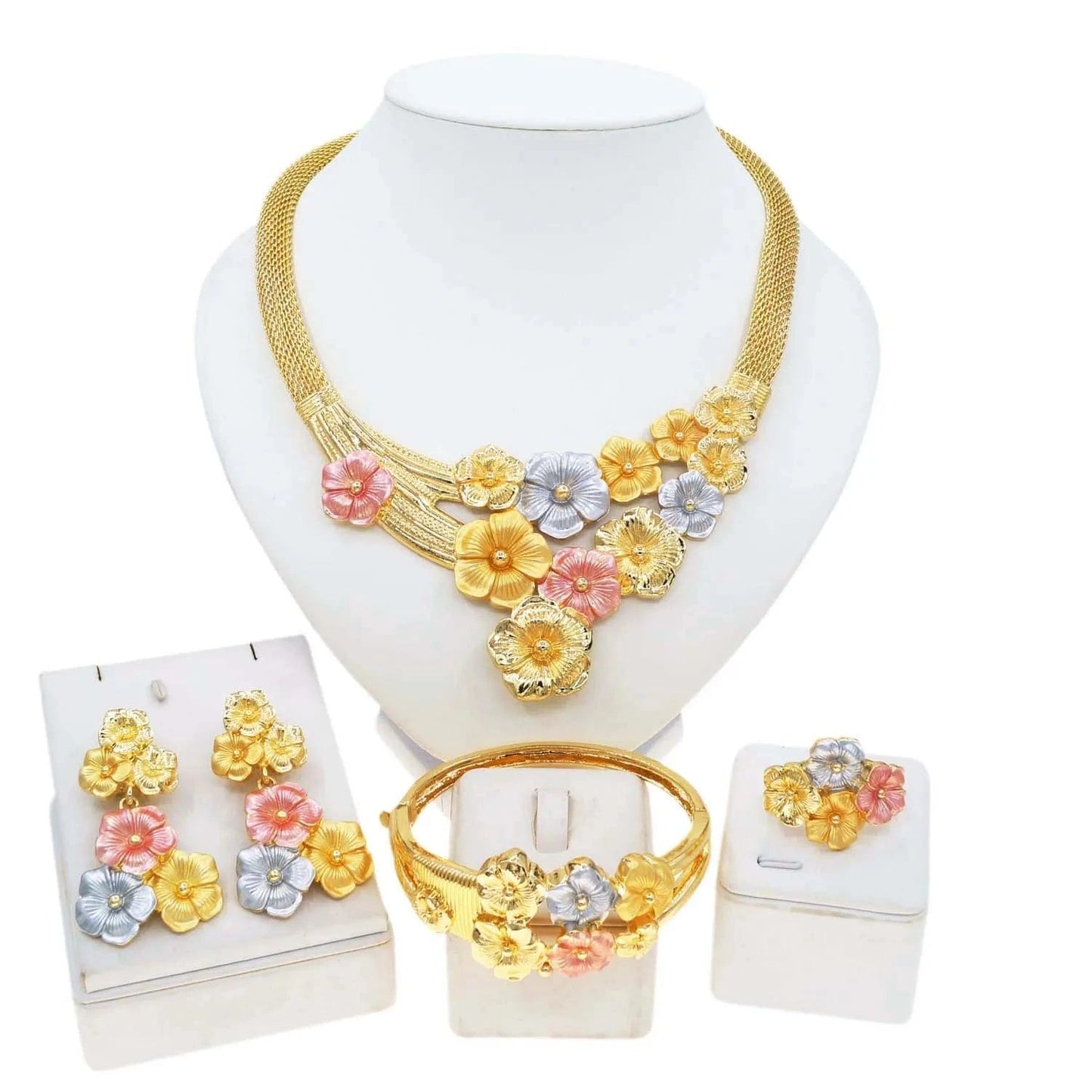 Zhuerrui Favors Multi Color Flowers Jewelry Set Customized Bridal Costume Accessories Wholesale Luxury Gold Jewelry Sets H00737