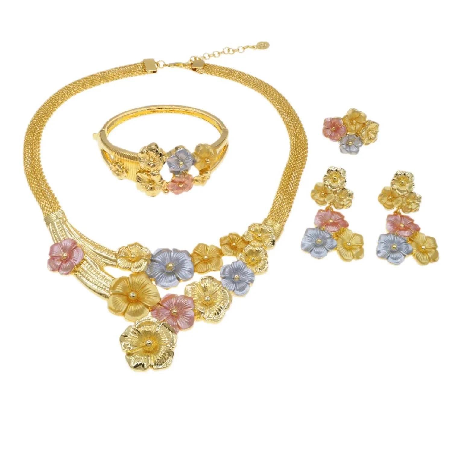 Zhuerrui Favors Multi Color Flowers Jewelry Set Customized Bridal Costume Accessories Wholesale Luxury Gold Jewelry Sets H00737