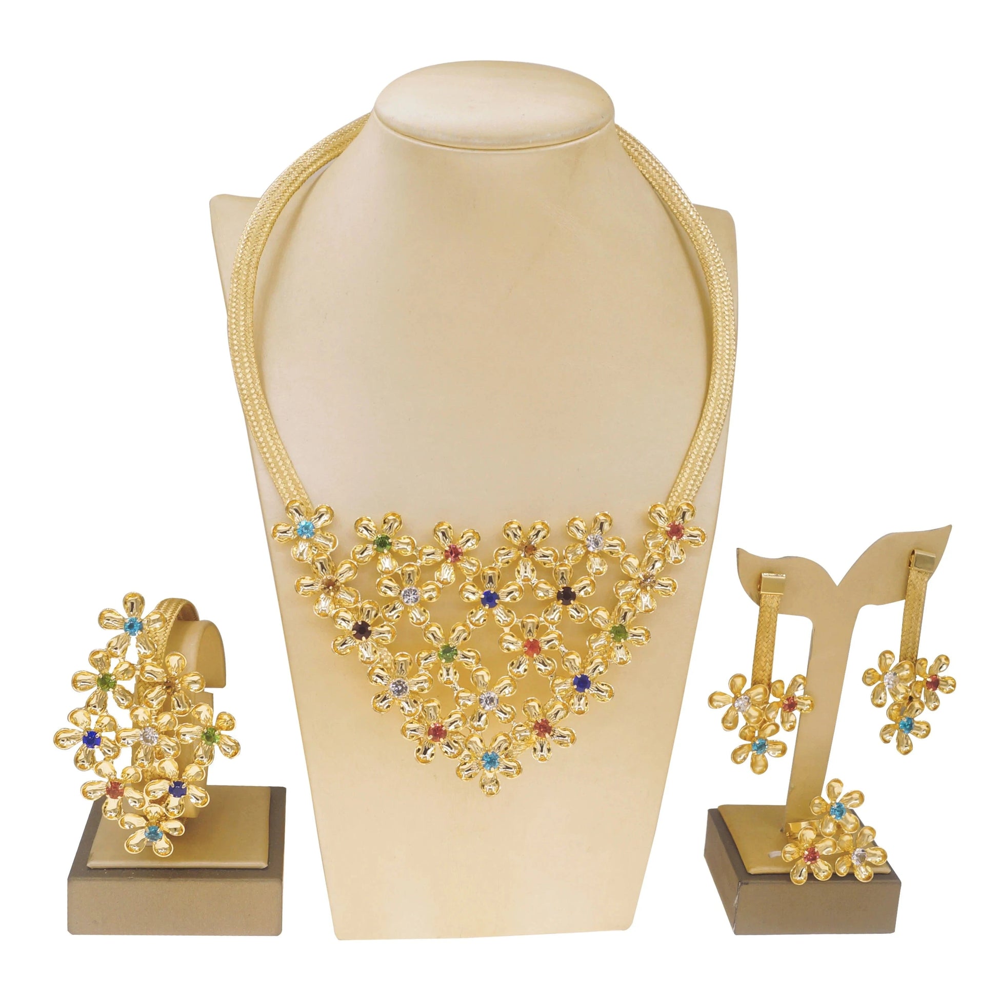 Zhuerrui Flowers Brazilian Gold Jewelry Set Nigerian Woman Wedding Party Favor Luxury Crystal Colored Brass Jewelry Sets H20132