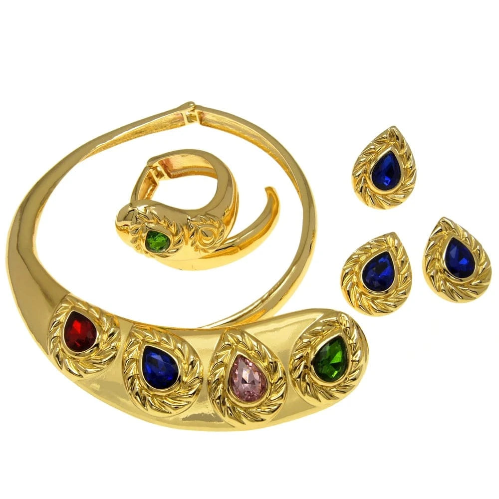 Zhuerrui Italian Gold Design Snake Jewelry Set Premium Quality Colorful Zircon Choker Necklace Bridal Women Jewelry Sets H00256