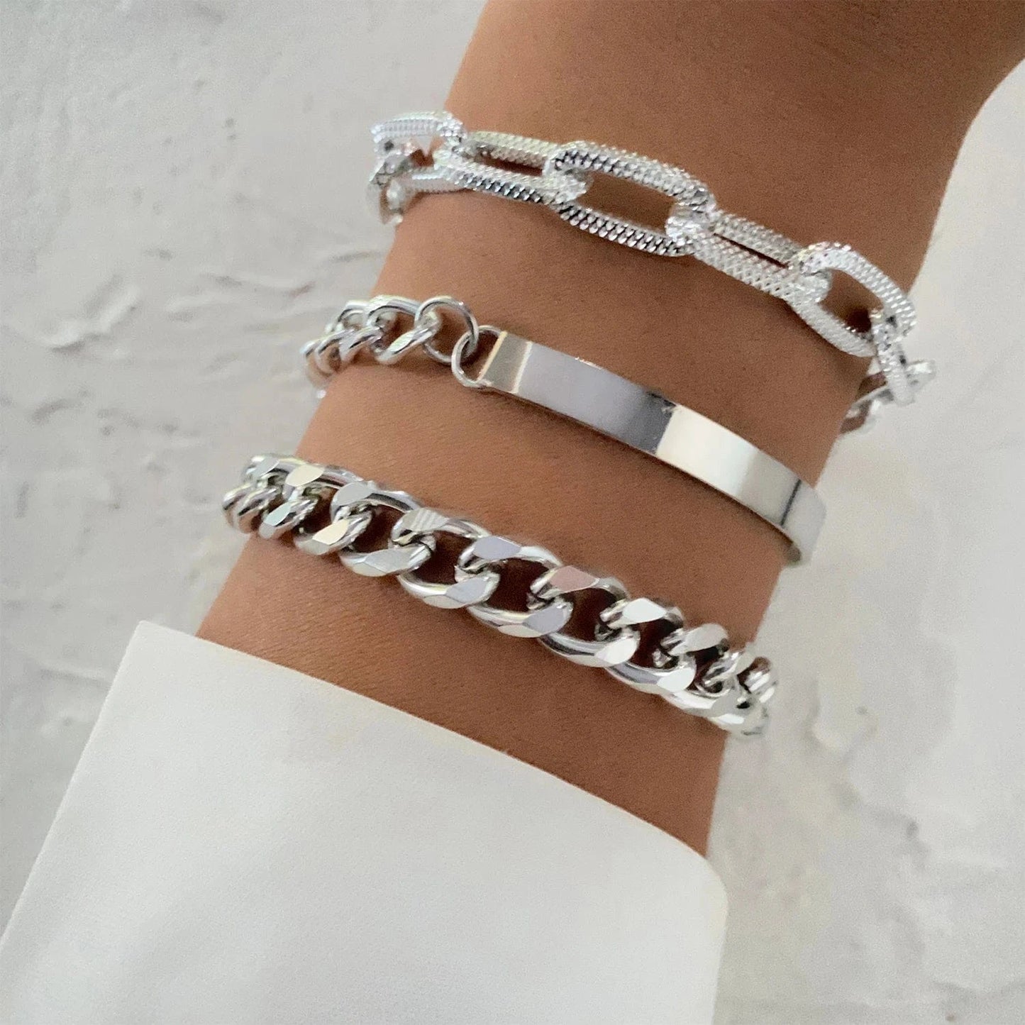 ZLJ0129-02 4Pcs Punk Heavy Metal Big Thick Chain Bracelet Set Women Retro Geometric Metal Twist Chain Bangles Bracelet Fashion Jewelry