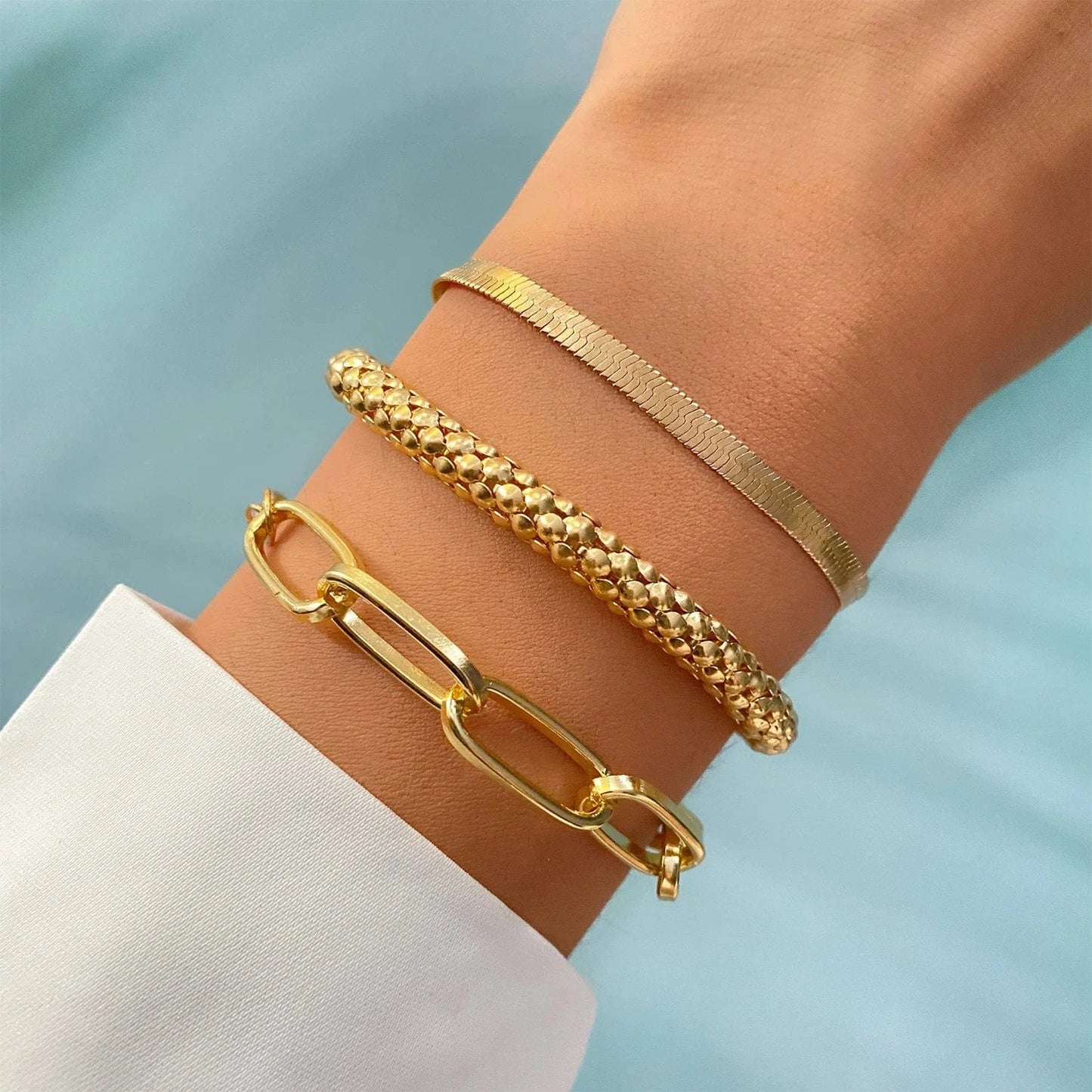 ZLJ0667 4Pcs Punk Heavy Metal Big Thick Chain Bracelet Set Women Retro Geometric Metal Twist Chain Bangles Bracelet Fashion Jewelry
