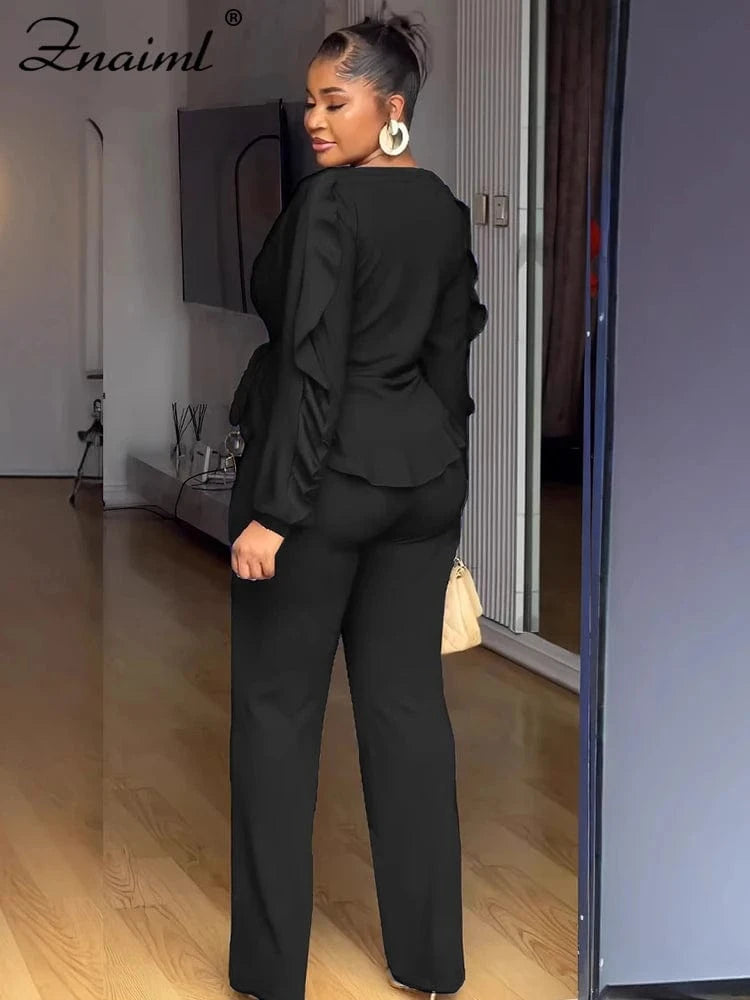 Znaaiml Elegant Blue 2 Piece Pants Sets Women Lantern Sleeve Drawstring Ruched Ruffles Top and Trousers Casual Street OL Outfits
