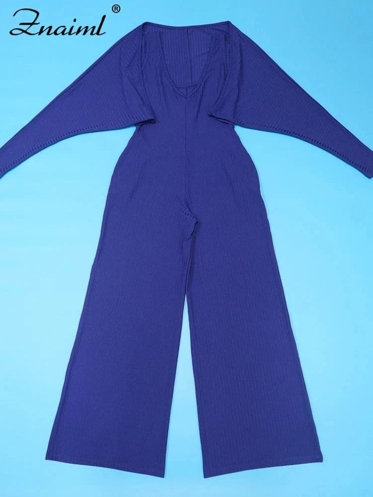 Znaiml Blue Knitted Ribber Wide Leg Pants Jumpsuits and Crop Coat Tops Two 2 Piece Women Sets Autumn Streetwear Birthday Outfits