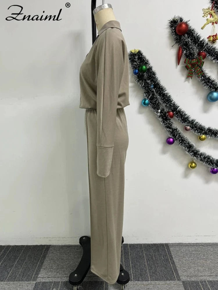 Znaiml Casual Office Lady 2 Piece Sets Women Summer Long Sleeve V Neck Polo Shirt Tops and Wide Leg Pants Streetwear Outfit 2025