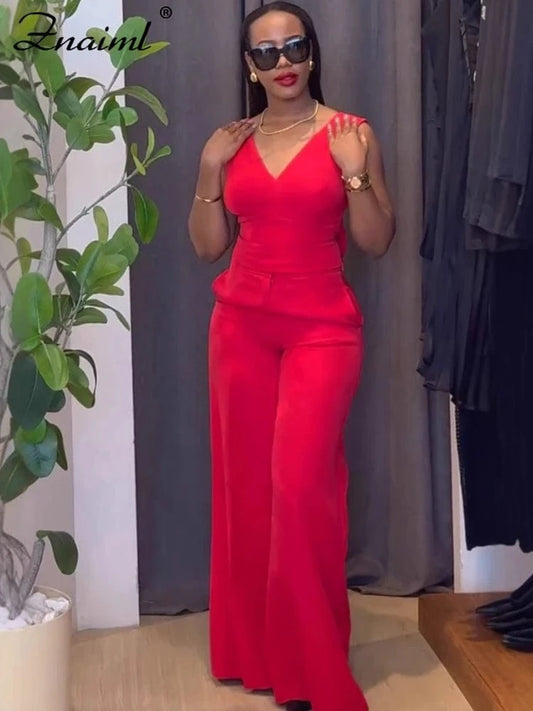 Znaiml Casual Wide Leg Pants Set Women Summer Sleeveless V Neck Backless Bowknot Tops Two 2 Piece Outfits Elegant Vacation 2025