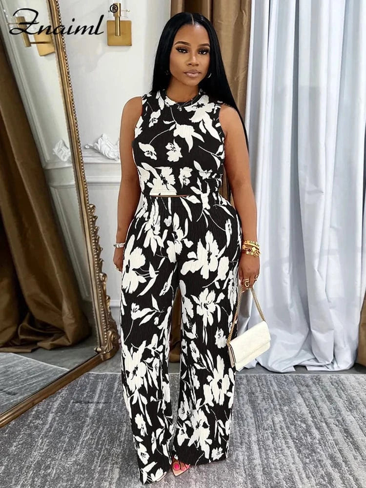 Znaiml Elegant Vacation Flowers Print O-Neck Tank Tops and Straight Wide Leg Pants 2 Pieces Women Sets Summer Birthday Outfits