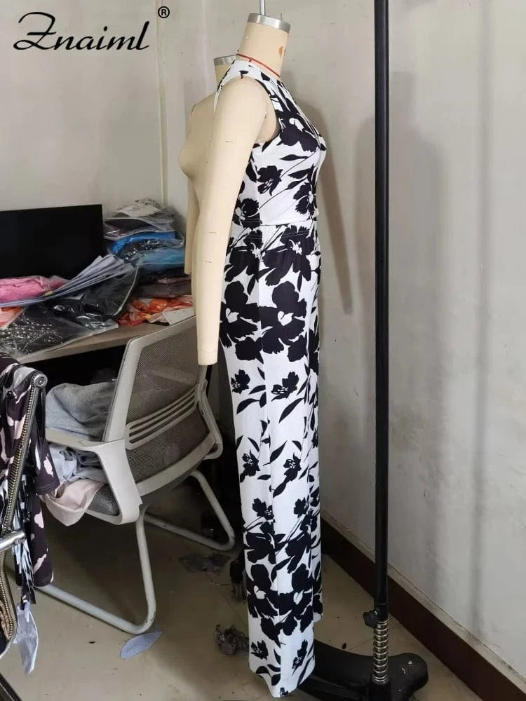 Znaiml Elegant Vacation Flowers Print O-Neck Tank Tops and Straight Wide Leg Pants 2 Pieces Women Sets Summer Birthday Outfits
