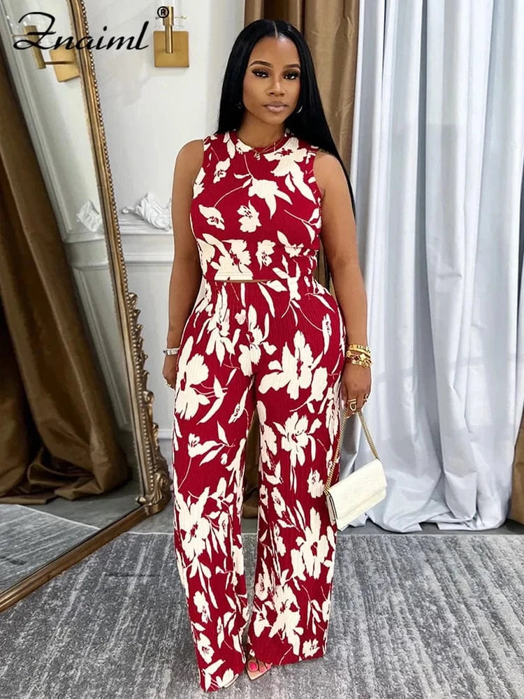 Znaiml Elegant Vacation Flowers Print O-Neck Tank Tops and Straight Wide Leg Pants 2 Pieces Women Sets Summer Birthday Outfits