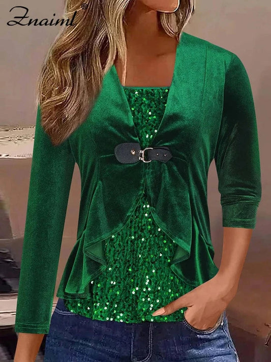 Znaiml Elegant Velvet Long Sleeve Square Neck Pullover T-Shirts Women's Sequin Patchwork Blousers Top Sexy Night Club Outfits