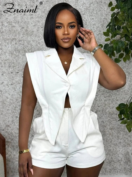 Znaiml Elegant White Patchwork Rompers Playsuits Women Lapel Sleeveless Slim Shorts Jumpsuits Hollow Button Birthday Overalls