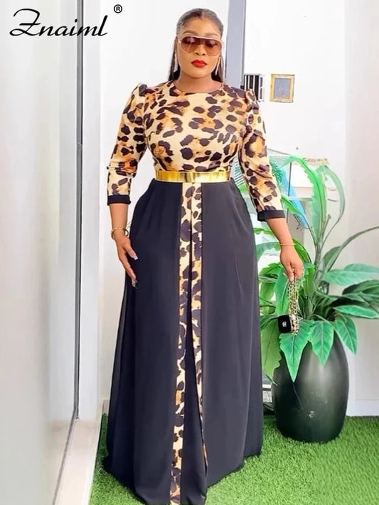 Znaiml Fashion Dashiki Ladies Traditional African Clothing Women Elegant Leopard Print Long Sleeve Front Split Dresses Birthday