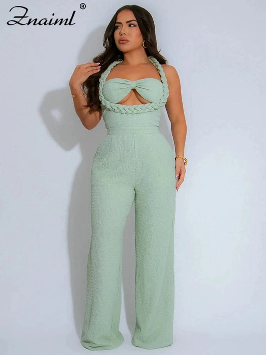 Znaiml Fashion Green Women Jumpsuits Summer Sleeveless Bandage Wide Leg Pants Loose Streetwear One Pieces Rempers Overalls 2025