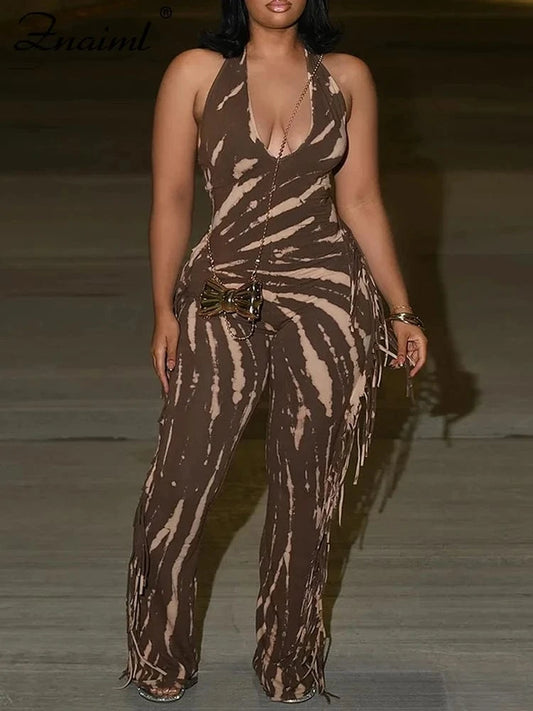 Znaiml Fashion Party Summer Sleevelees Backless Tassels Print Silm Rompers Women Elegant Long Jumpsuits One Pieces Overalls 2025