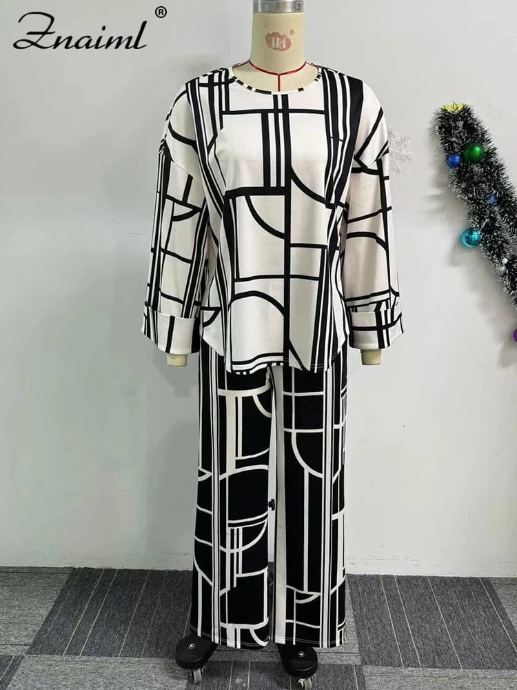 Znaiml Fashion Printing Wide Leg Pants Sets for Women O Neck Long Sleeve Loose Top and Trousers Two Pieces Streetwear Outfits